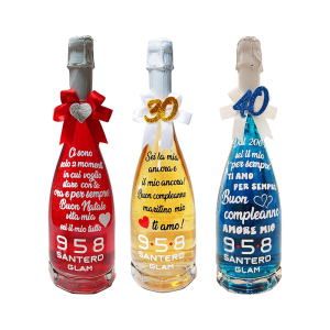 BOTTIGLIA Spumante colorata GLAM con scritta ed emoticon personalizzabili, Fiocco con dettaglio unico da scegliere in fase di personalizzazione