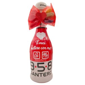 BOTTIGLIA BABY Spumante SANTERO PICCOLA colorata con scritta ed emoticon personalizzabili, Fiocco con sacchetto a forma di caramella contenente confetti colorati